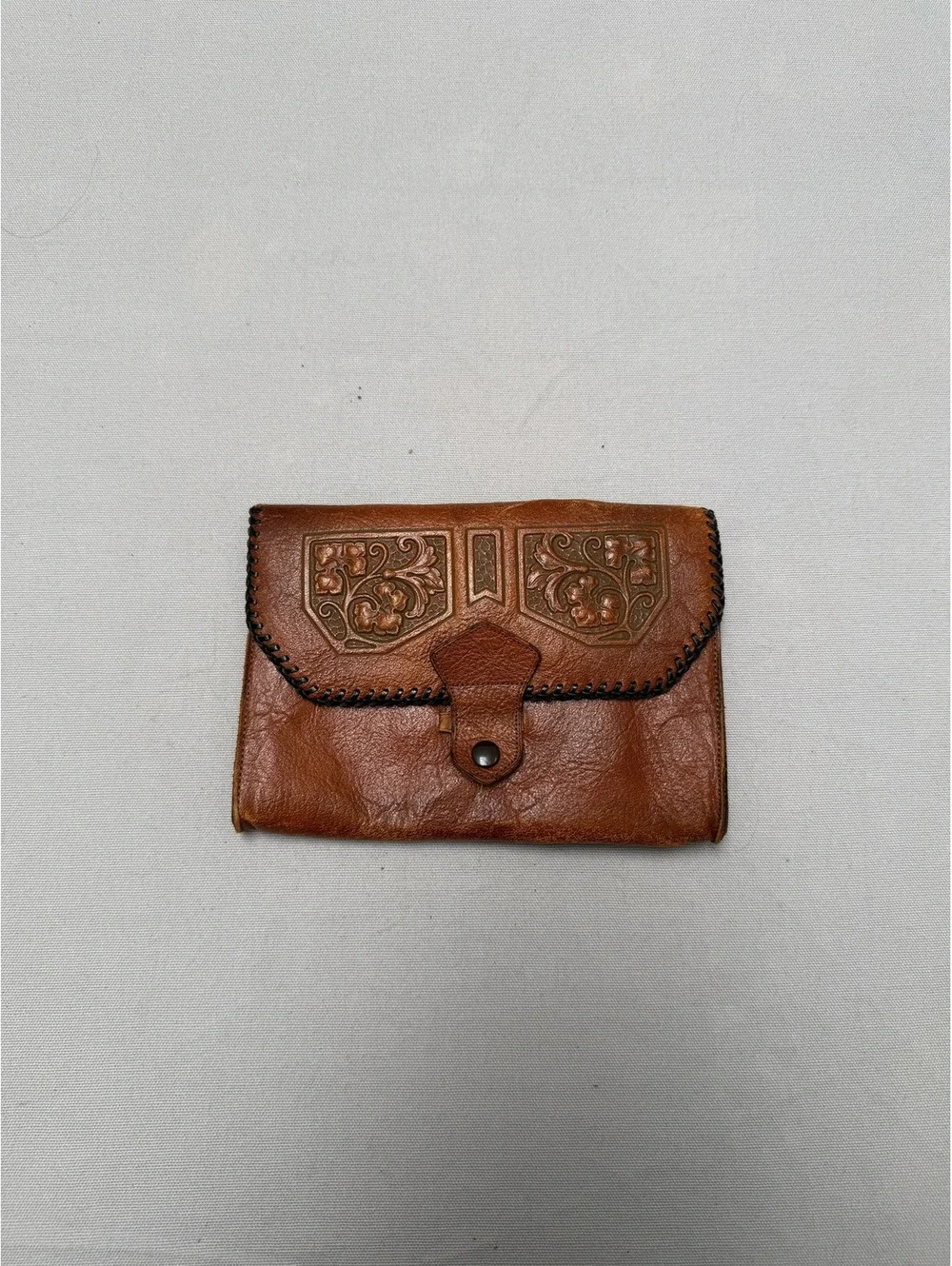 Vintage Tooled Leather Clutch Wallet - Olive Lined - OS